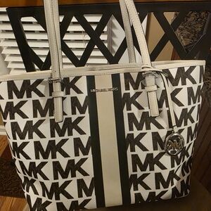 Michael Kors Black and White MK Signature Stripe Tote